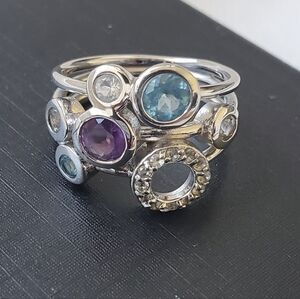 Multi Color Rhinestone Ring Set In Silver, Size 8 1/2